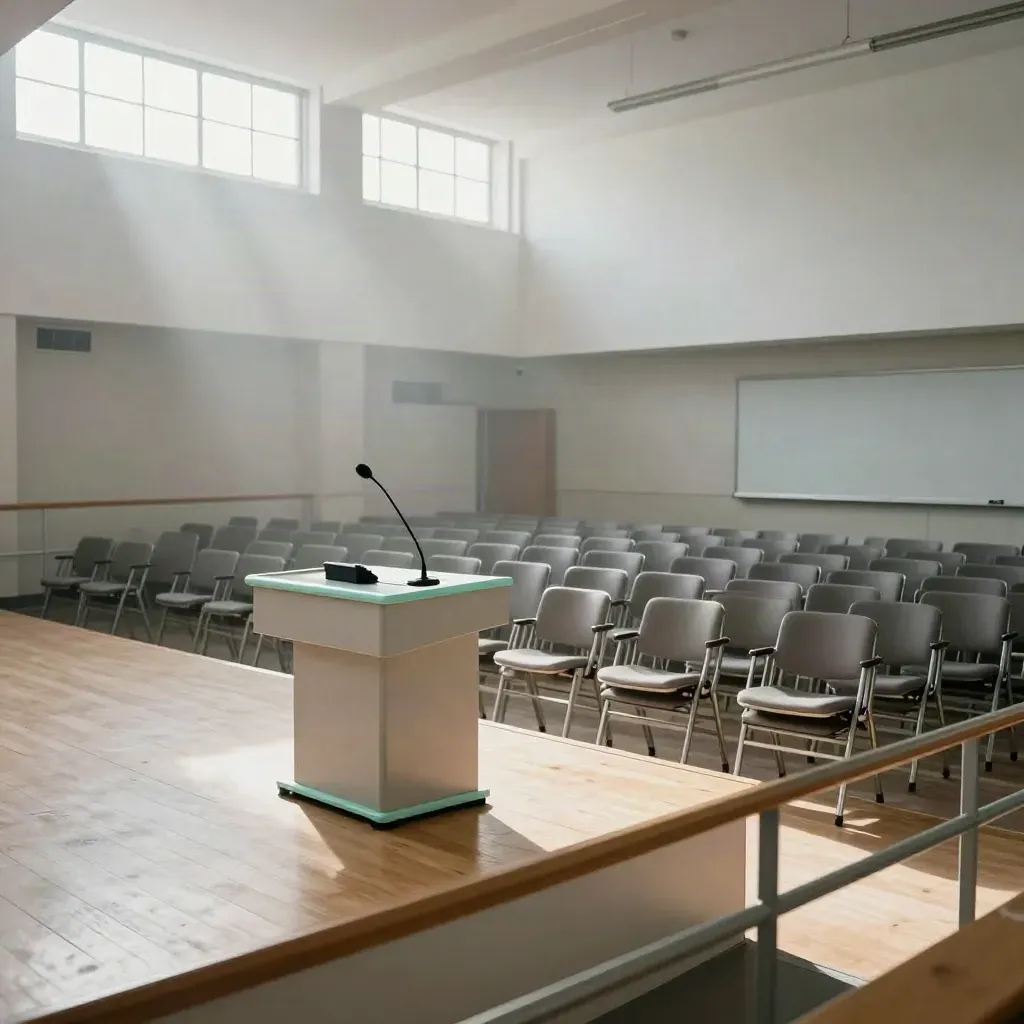 Empty university lecture hall with podium, askew chairs, blank board and faint fog from a balcony view.