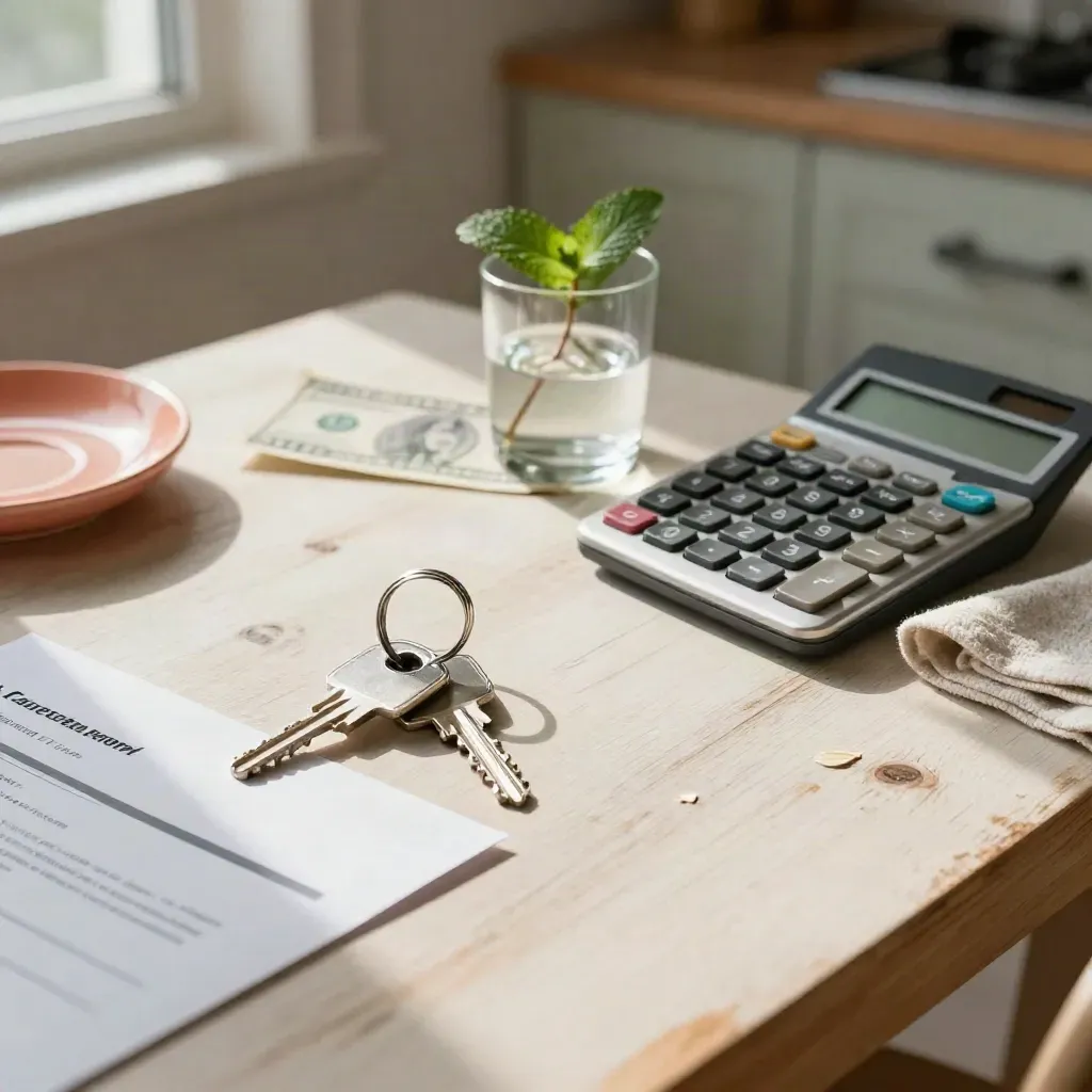 Top-down kitchen table with keys, lease envelope, calculator, bill and plant cutting in morning light