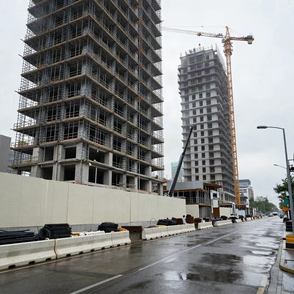 Wet construction block with cranes, scaffolding and two apartment towers rising under gray sky.