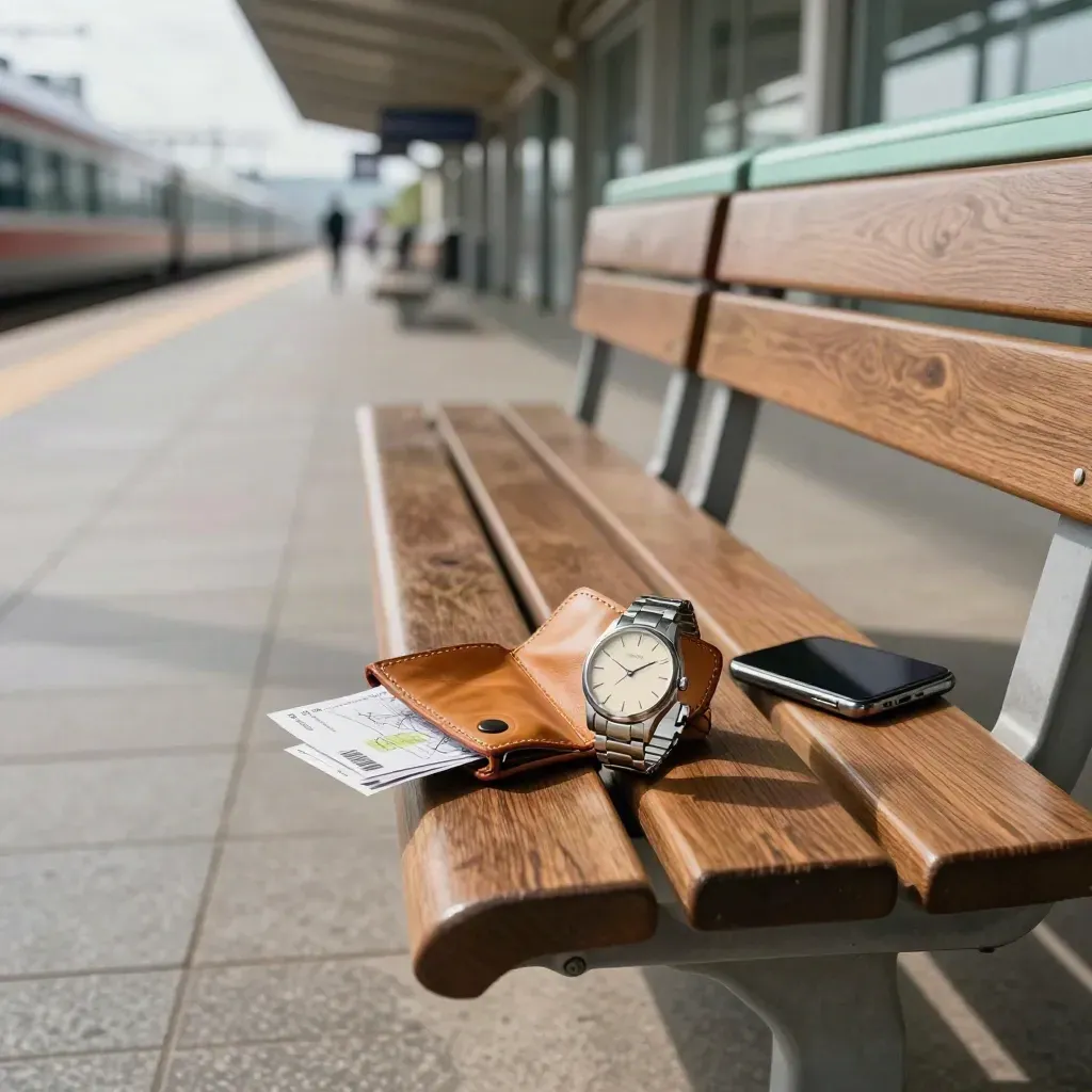 Transit hub bench with watch, folded map case, tickets and phone in cool daylight