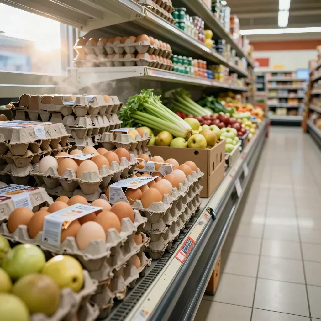 Freshly restocked supermarket aisle with eggs, bread, and produce at the endcap, seen from knee height.