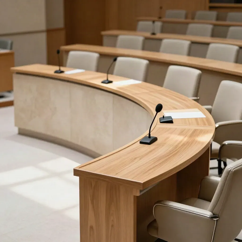 Empty council chamber with curved wooden desks and slim microphones in dusty afternoon light.