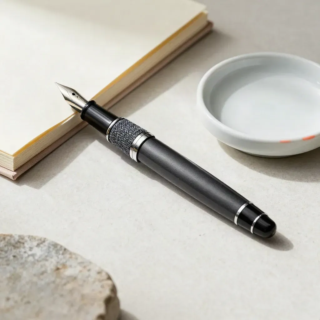 Overhead still life of a fountain pen, notebook, charcoal cloth and ceramic dish on pale stone.