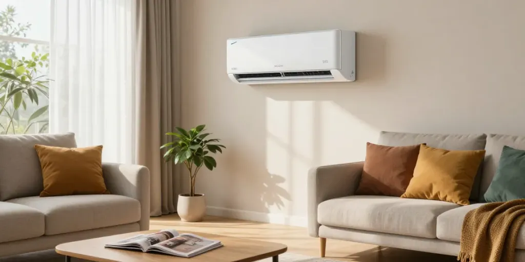 Stylish living room with a 2400 btu mini split air conditioner enhancing home comfort and design.