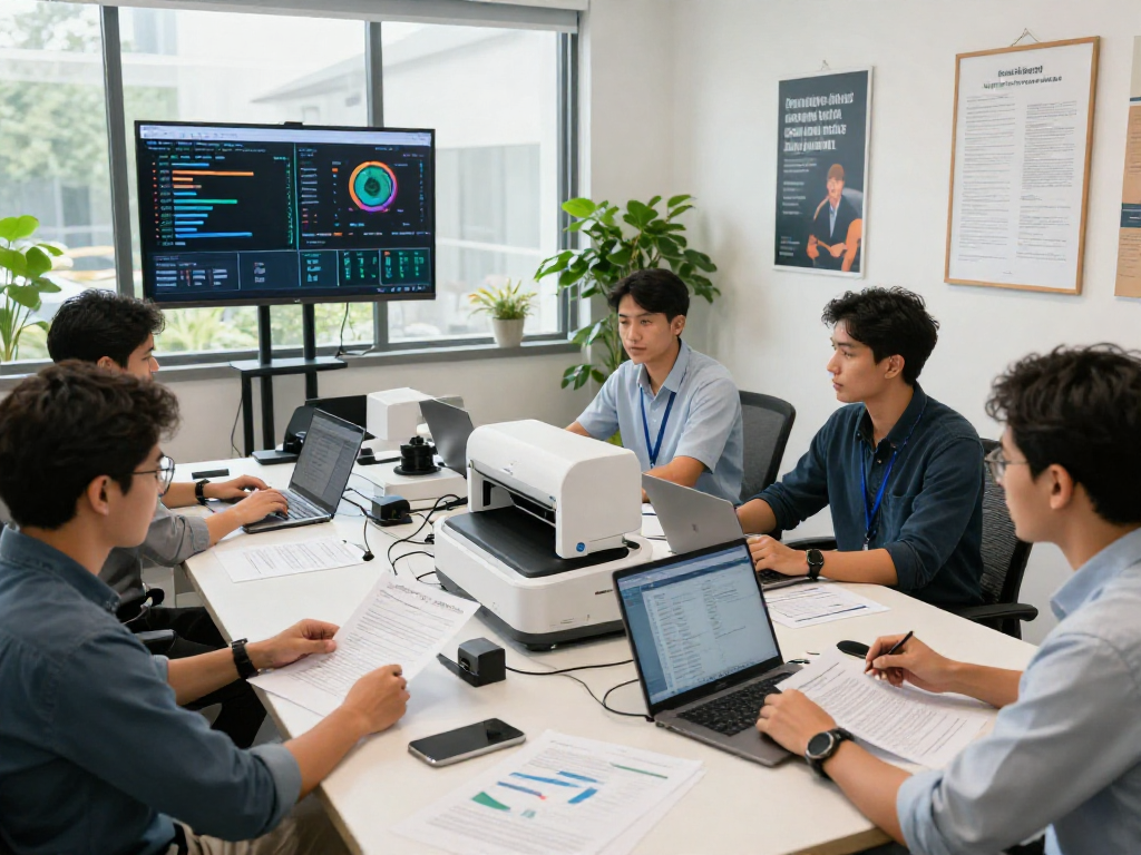 Document fraud detection team analyzing reports and using technology in a professional office setting.